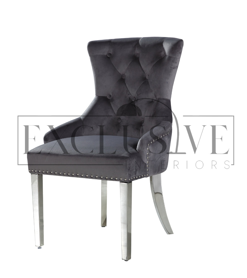 Contemporary Dining Chairs high-end chairs & stools, premium designed chairs. Modern and luxurious styled dining furniture, opulent chairs, comfortable seating lion knocker, grey velvet