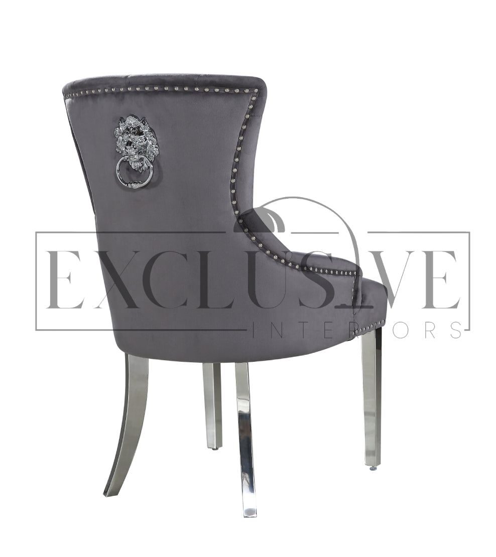 Contemporary Dining Chairs high-end chairs & stools, premium designed chairs. Modern and luxurious styled dining furniture, opulent chairs, comfortable seating lion knocker, grey velvet