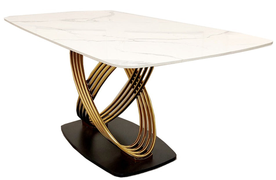 Gorgeous Orion Gold 1.8 Dining Table with Polar White Sintered Stone, eye catching design chic table, posh dining, glamour dining table, featured detail table, exclusive table, arty table, sculptured diningtable