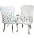 Sandhurst dining chair, deep buttoned back, smooth velvet finish, chrome legs, chic, comfortable chairs, opulent chair style, luxurious easy clean fabrics impressive dining chairs in light cream