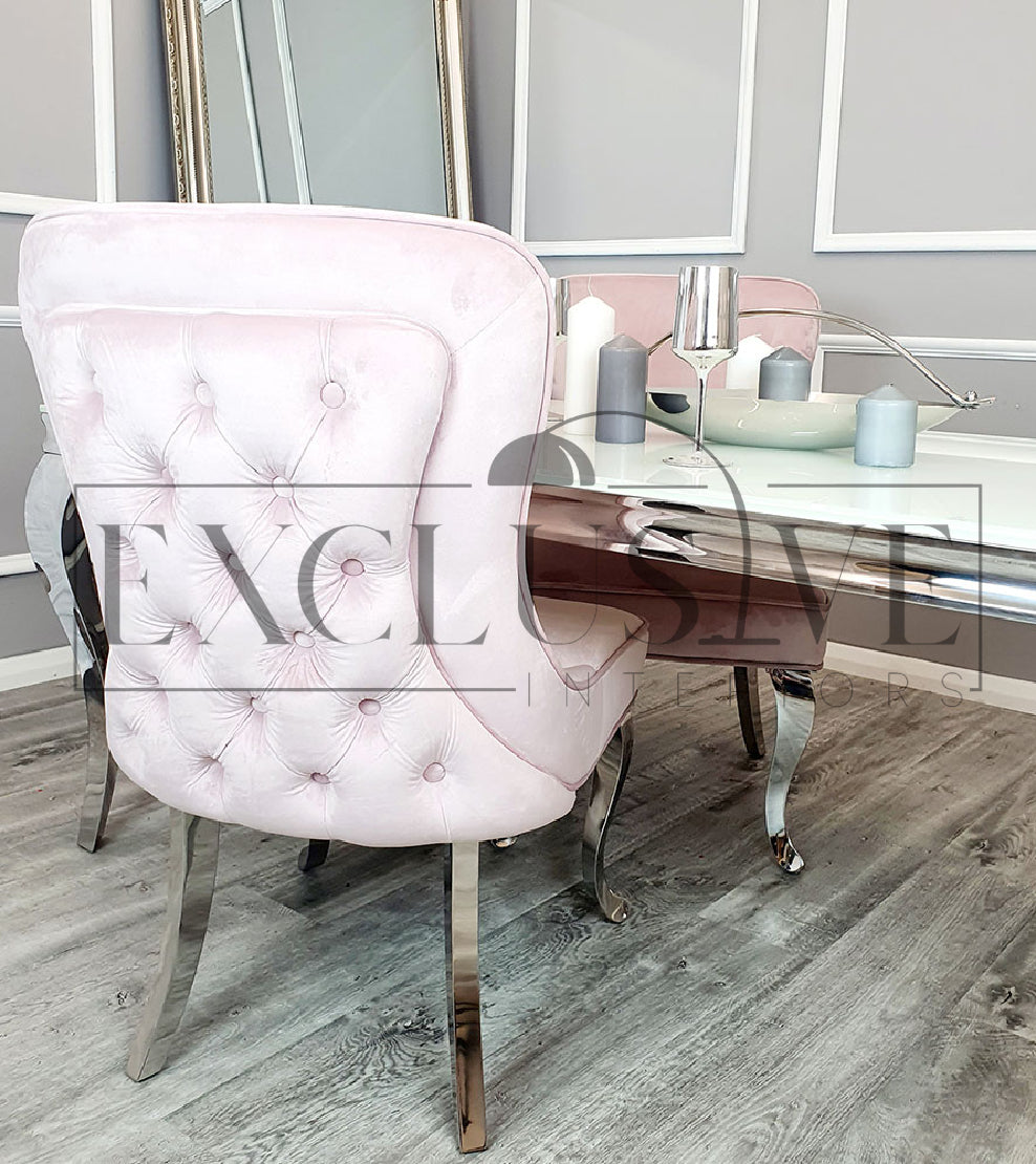 Sandhurst dining chair, deep buttoned back, smooth velvet finish, chrome legs, chic, comfortable chairs, opulent chair style, luxurious easy clean fabrics impressive dining chairs in light pink