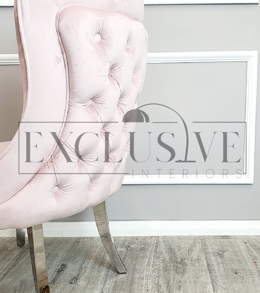 Sandhurst dining chair, deep buttoned back, smooth velvet finish, chrome legs, chic, comfortable chairs, opulent chair style, luxurious easy clean fabrics impressive dining chairs in light pink