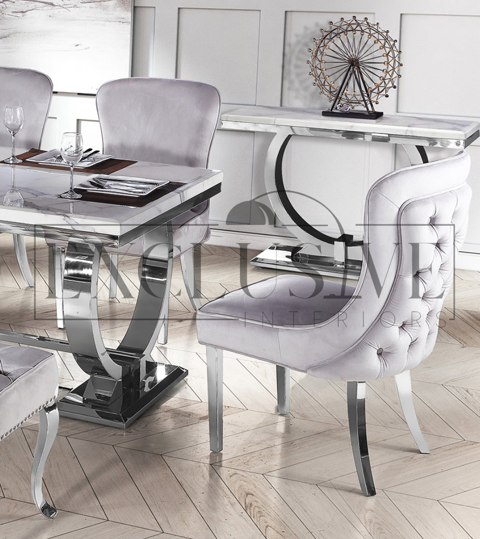 Sandhurst dining chair, deep buttoned back, smooth velvet finish, chrome legs, chic, comfortable chairs, opulent chair style, luxurious easy clean fabrics impressive dining chairs in light grey