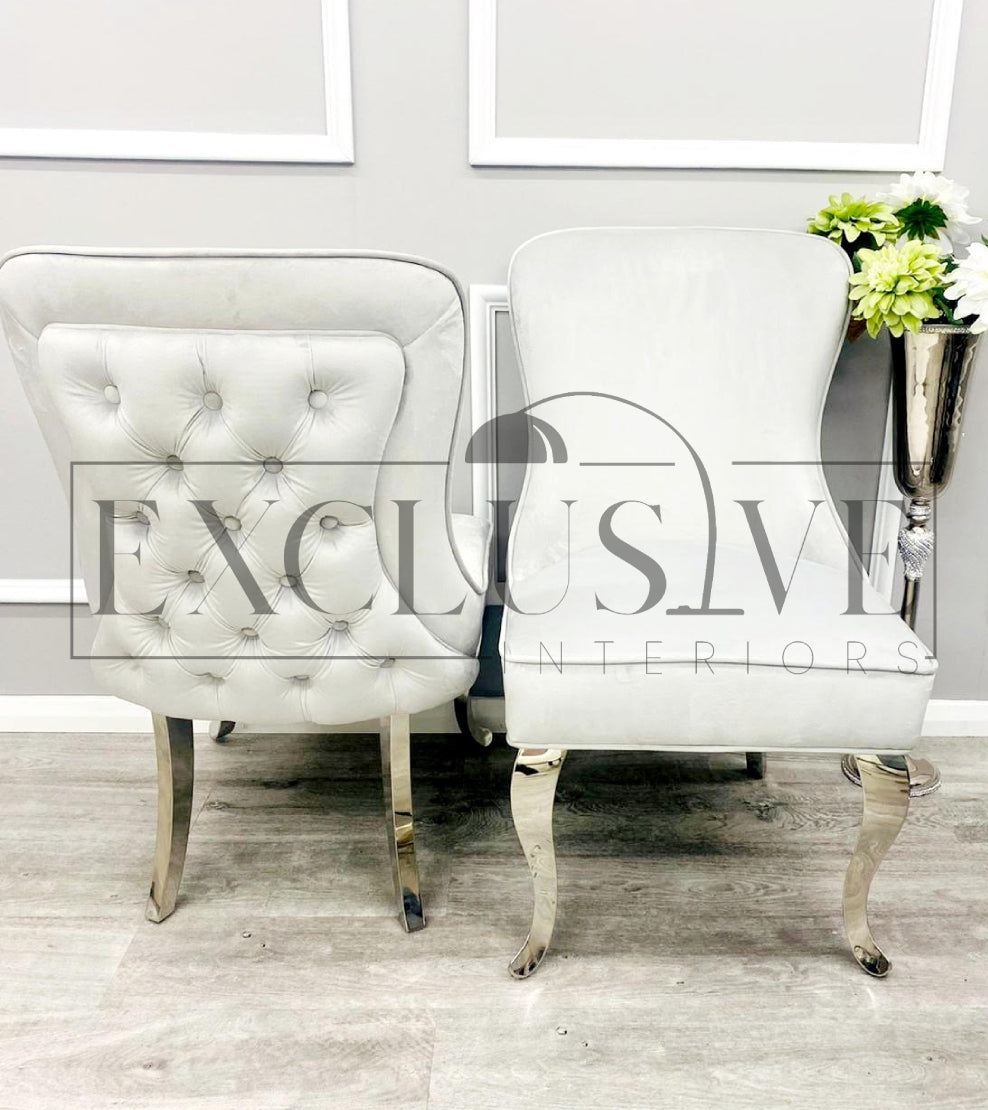 Sandhurst dining chair, deep buttoned back, smooth velvet finish, chrome legs, chic, comfortable chairs, opulent chair style, luxurious easy clean fabrics impressive dining chairs in light cream