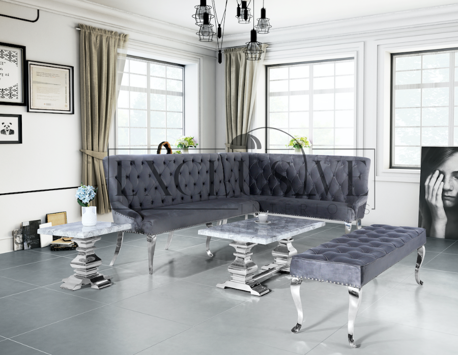 Practical Luxury Corner Dining Bench, Space saving solution, soft velvet texture chrome legs, grey pink & dark grey, button cushion. Statement dining bench 3-4 seater in grey