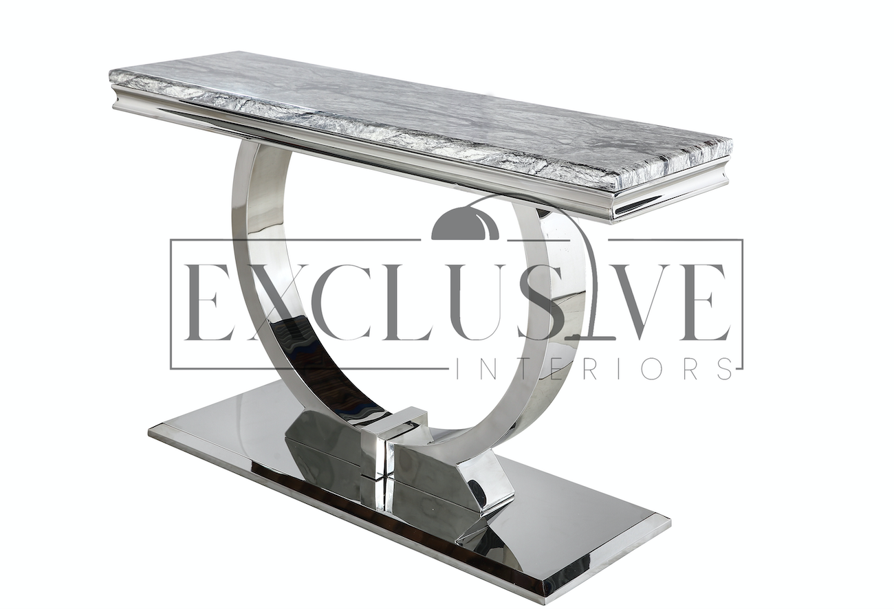 Arriana console table, glass or marble top complemented with a striking polished stainless steel circular base, luxury table, statement furniture piece, premium, Laura Ashley style furniture