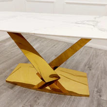 Gorgeous Valeo Gold 1.8 Dining Table Polar White Sintered Stone Top, eye catching design, exclusive table, arty table, sculptured dining table gold base