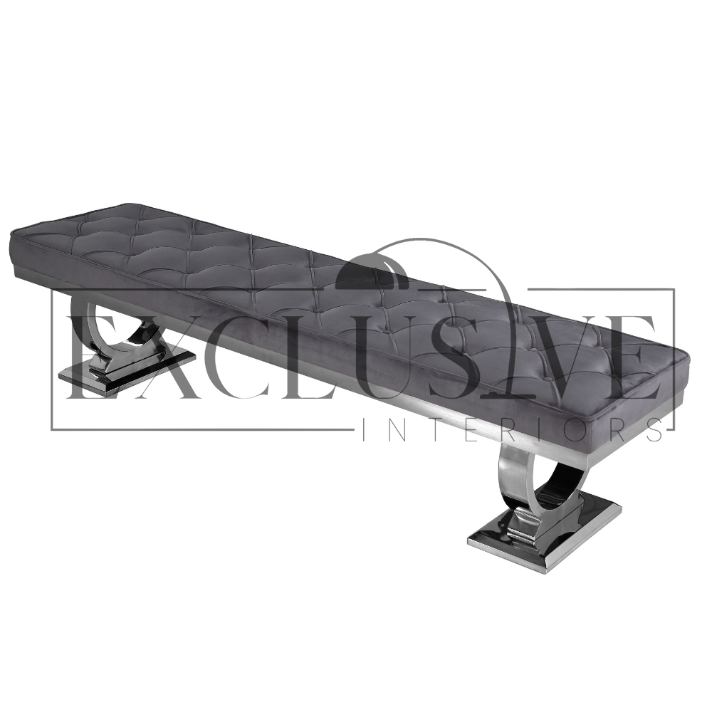 Luxury grey Arriana Dining Bench, space saving solution, dining benches fit snug underneath the table, soft velvet texture chrome base luxury dining