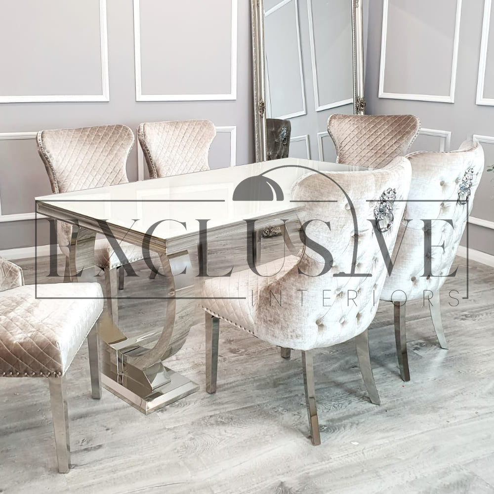 Arriana Dining Table White Marble Top or Glass Finish Exclusive Interiors premium tables, marble tables, high-end chairs, genuine luxury furniture, home furnishings