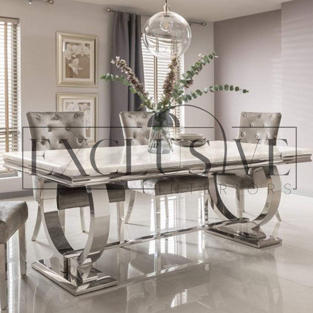 Arriana Dining Table Marble Top or Glass Finish Exclusive Interiors premium tables, marble tables, high-end chairs, genuine luxury furniture, home furnishings white glass top table