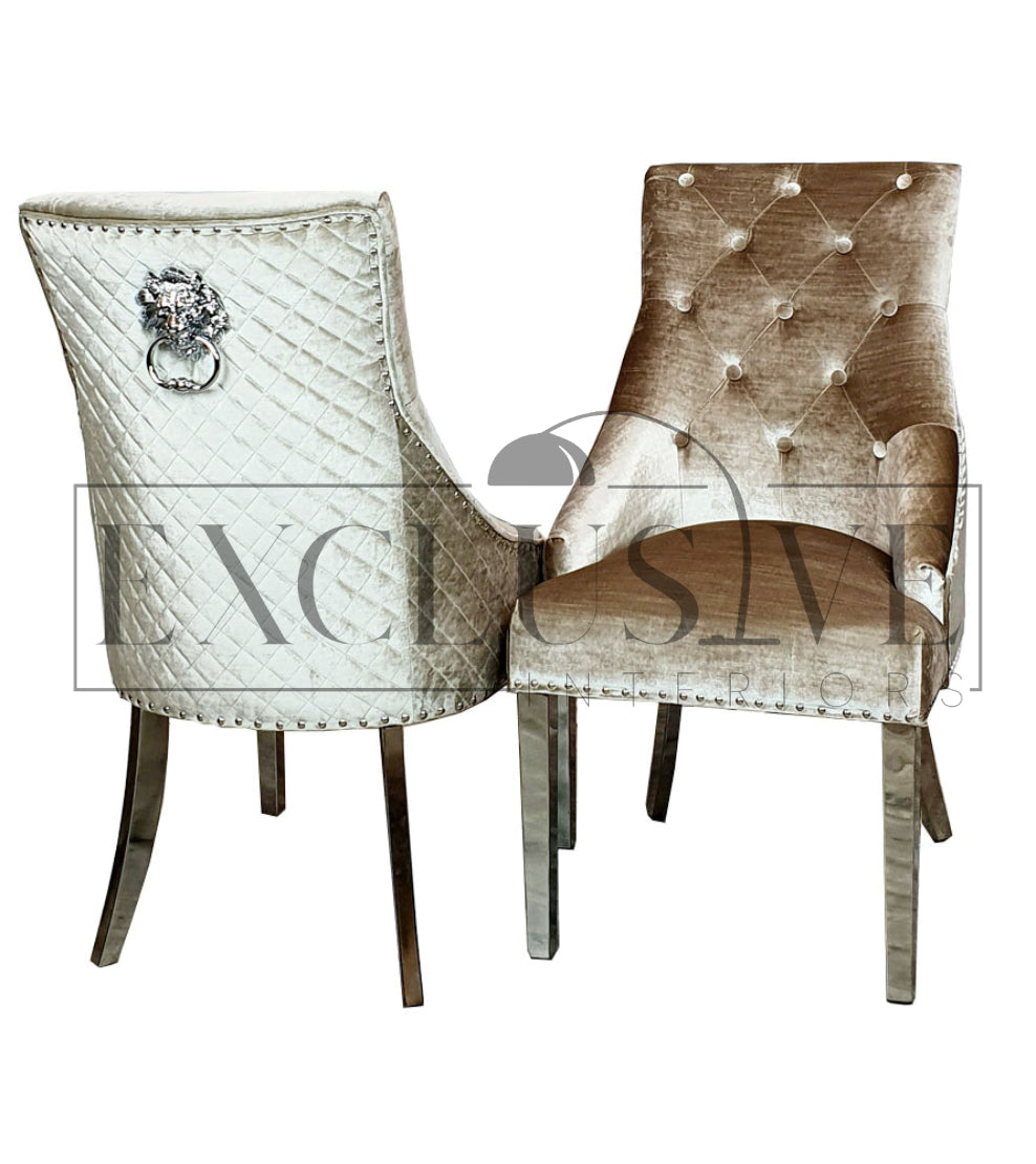 Bentley Chrome Chairs, velvet chair, lion knocker chairs, studded dining chair, luxury dining chairs, premium dining chairs, chrome dining chairs, comfortable dining chairs, fancy chairs. 