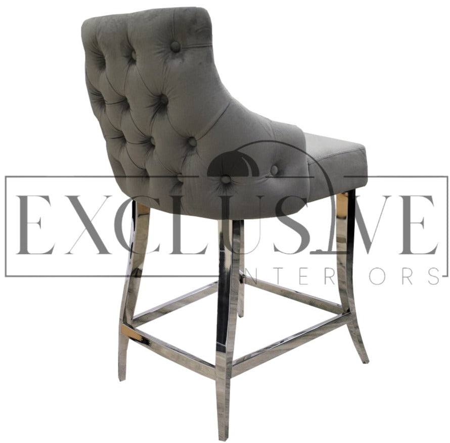 Kitchen Bar Stool, velvet finish, luxury kitchen stools premium design, home furniture velvet fabric cushioned seat button detail stainless steel curved legs 