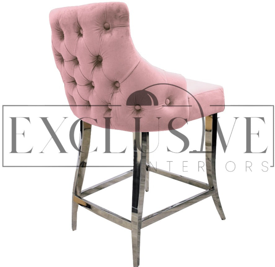 Kitchen Bar Stool, velvet finish, luxury kitchen stools premium design, home furniture velvet fabric cushioned seat button detail stainless steel curved legs . Pink bar Stool