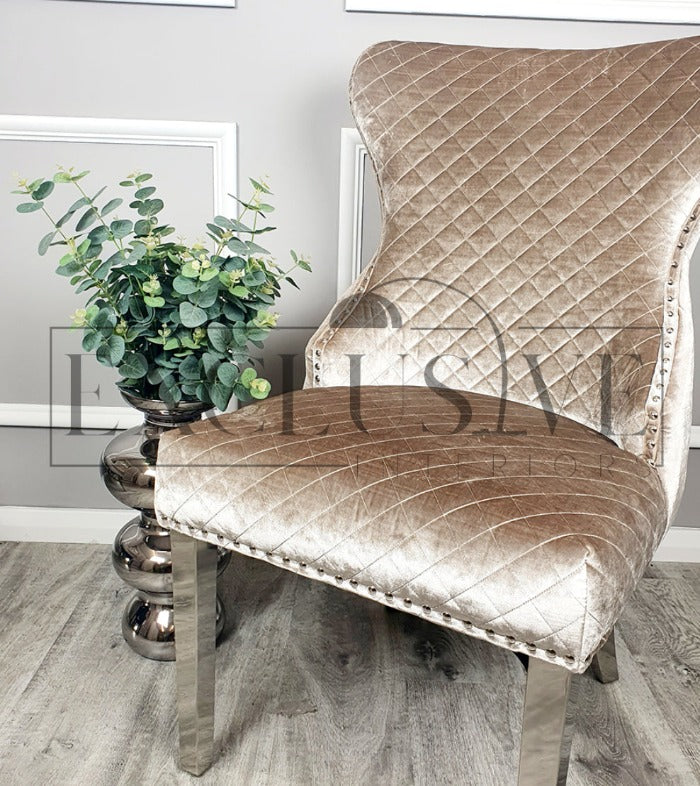 Our Chelsea Dining Chair velvet finish, buttoned back design chrome lion knocker. Luxury dining chairs, premium chairs, chrome dining chair, fancy dining chairs