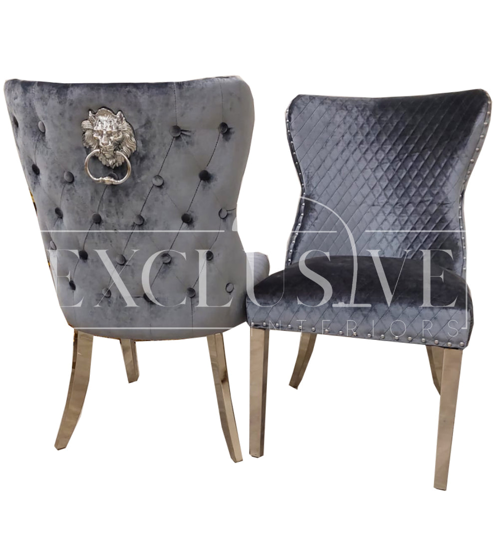 Our Chelsea Dining Chair velvet finish, buttoned back design chrome lion knocker. Luxury dining chairs, premium chairs, chrome dining chair, fancy dining chairs