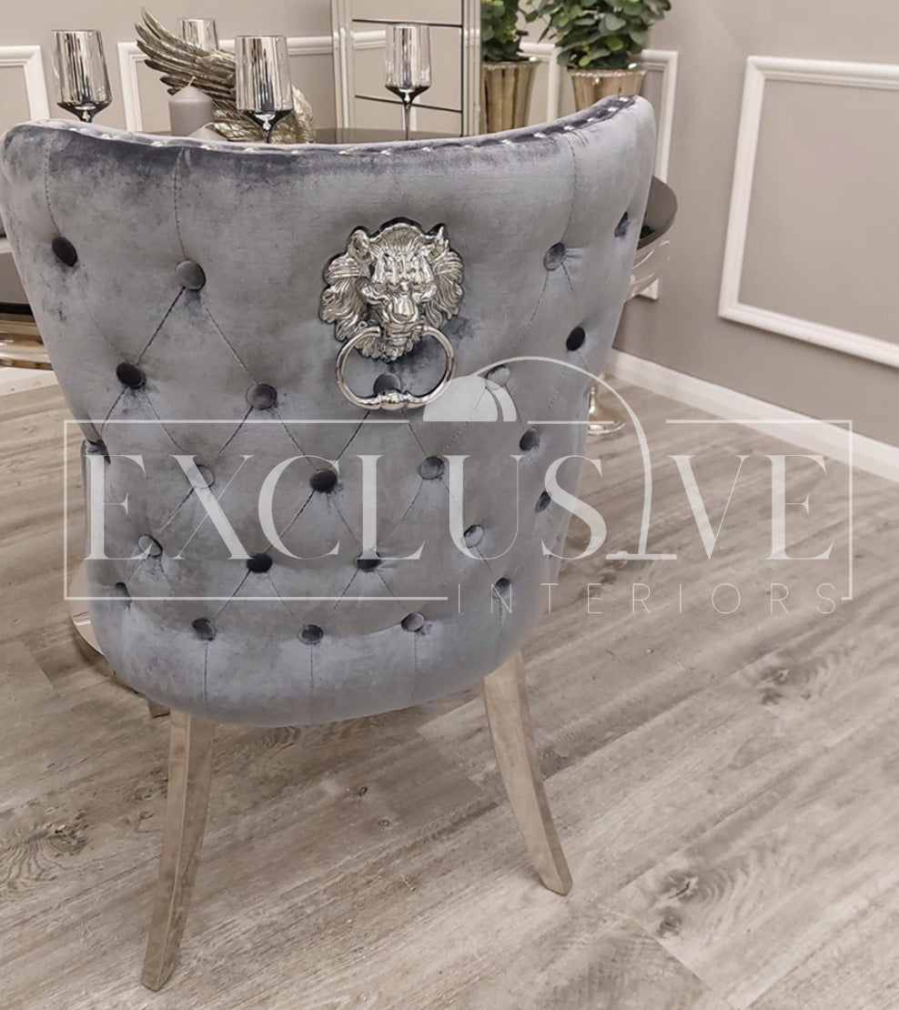 Our Chelsea Dining Chair velvet finish, buttoned back design chrome lion knocker. Luxury dining chairs, premium chairs, chrome dining chair, fancy dining chairs