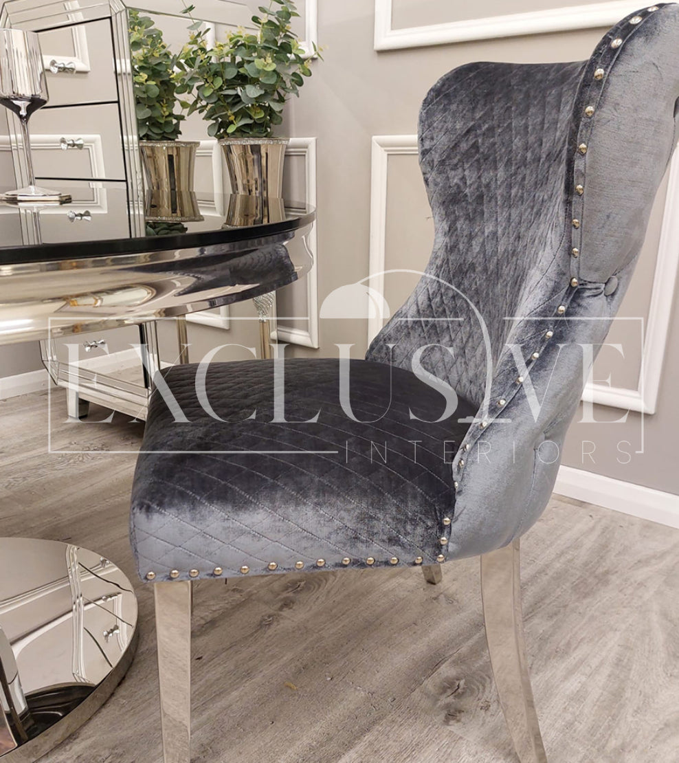 Our Chelsea Dining Chair velvet finish, buttoned back design chrome lion knocker. Luxury dining chairs, premium chairs, chrome dining chair, fancy dining chairs