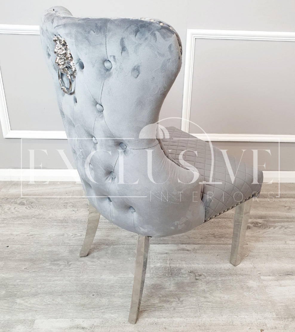 Our Chelsea Dining Chair velvet finish, buttoned back design chrome lion knocker. Luxury dining chairs, premium chairs, chrome dining chair, fancy dining chairs