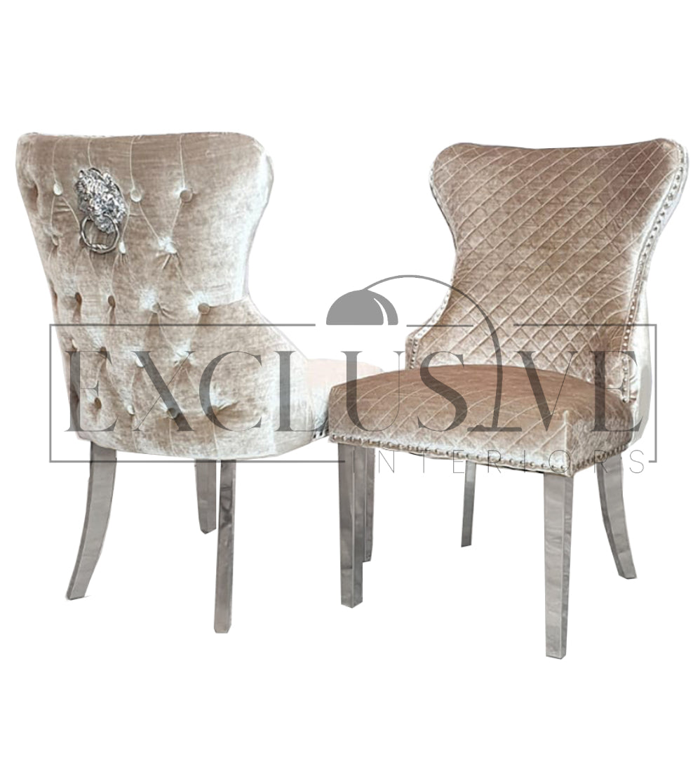 Our Chelsea Dining Chair velvet finish, buttoned back design chrome lion knocker. Luxury dining chairs, premium chairs, chrome dining chair, fancy dining chairs