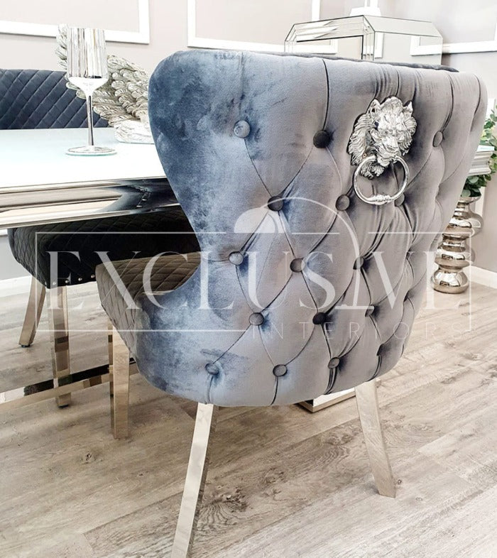 Our Chelsea Dining Chair velvet finish, buttoned back design chrome lion knocker. Luxury dining chairs, premium chairs, chrome dining chair, fancy dining chairs