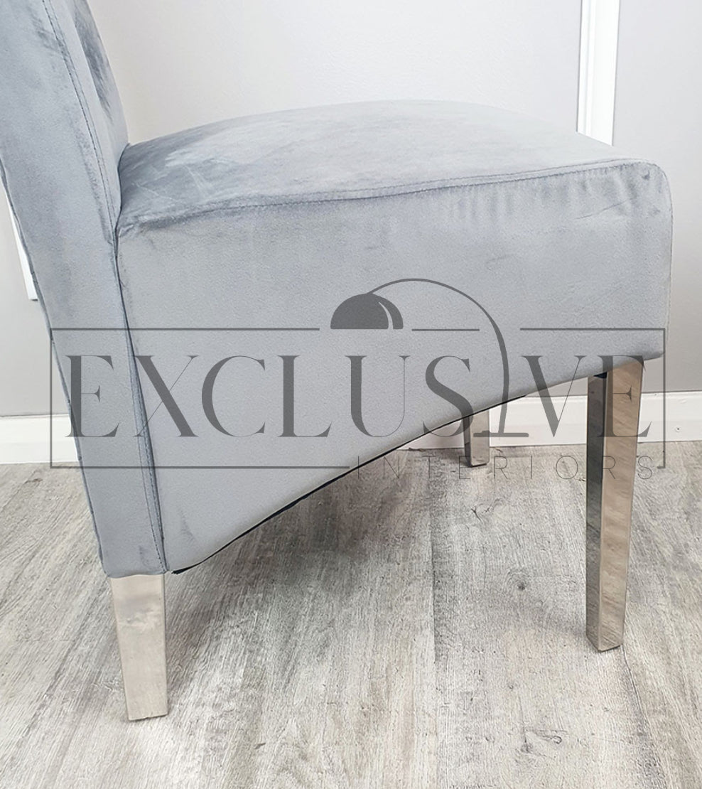 Sophistication Emma Dining Chairs. Soft velvet finish, Chrome metal, Exclusive dining furniture, premium chairs, chrome dining chairs, fancy dining chairs