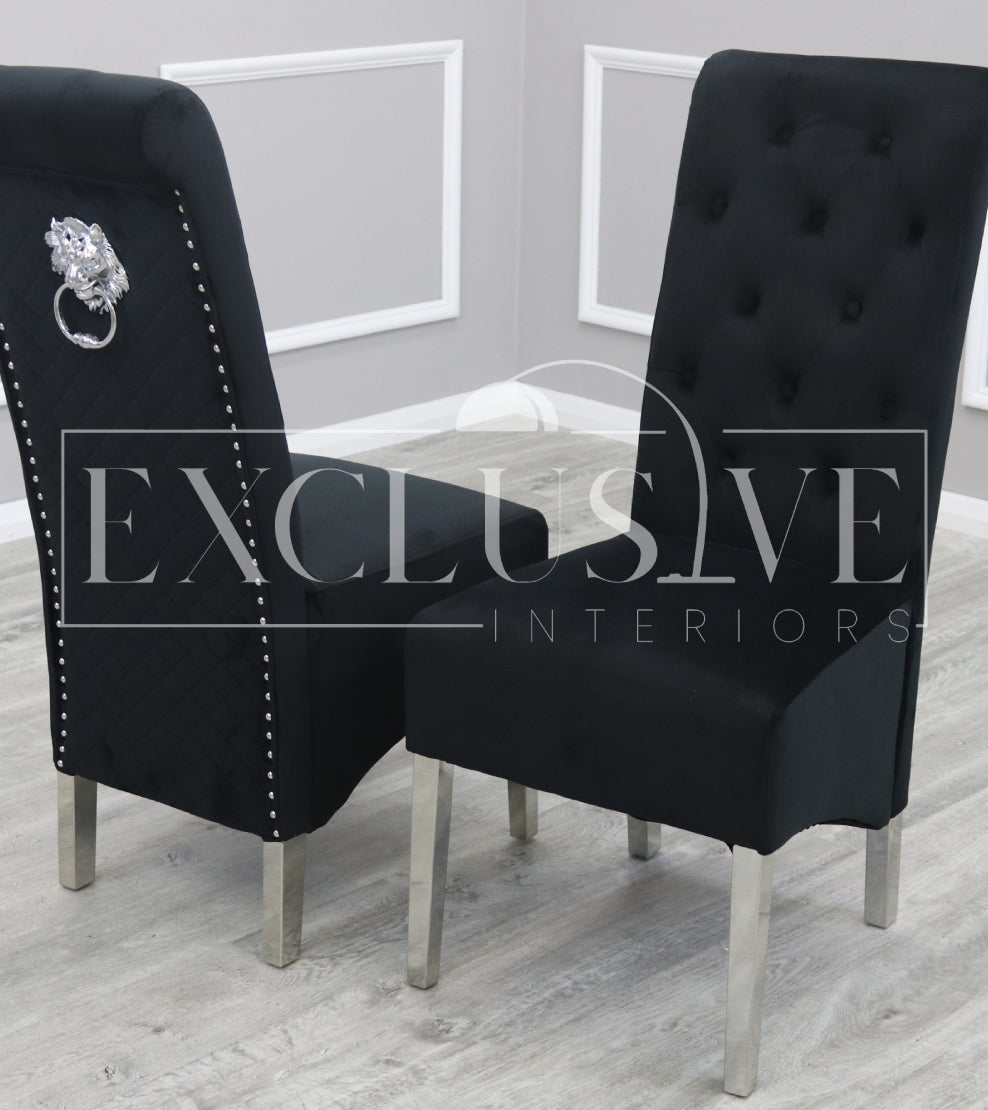 Sophistication Emma Dining Chairs. Soft velvet finish, Chrome metal, Exclusive dining furniture, premium chairs, chrome dining chairs, fancy dining chairs