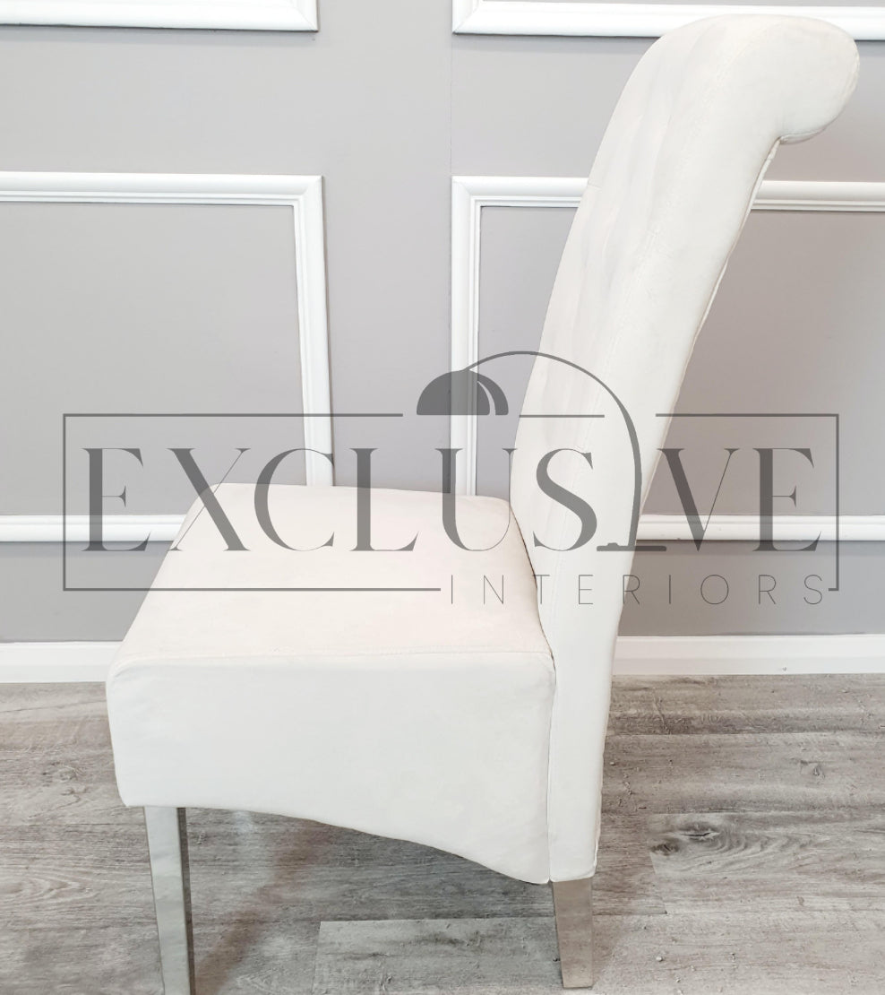 Sophistication Emma Dining Chairs. Soft velvet finish, Chrome metal, Exclusive dining furniture, premium chairs, chrome dining chairs, fancy dining chairs