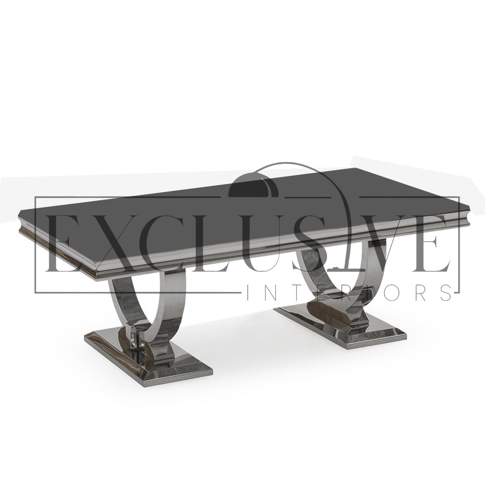 grey glass Ultra-chic and high end coffee table, marble or glass top is supported by a polished stainless steel base. white glass, black glasses, grey marble coffee tables living room furnishings, premium design coffee tables, chic coffee table, luxury tables, opulent styles, luxurious style modern design