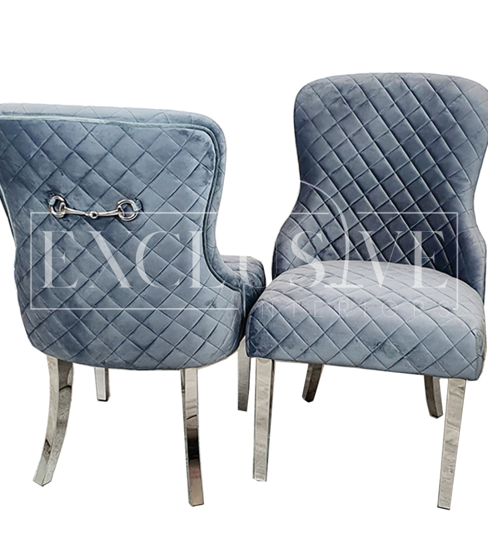 Kate Dining Chair with a quilted back detail in pink, grey or cream. Luxury dining chairs, premium chairs, fancy dining chairs, velvet chairs with chrome clasp