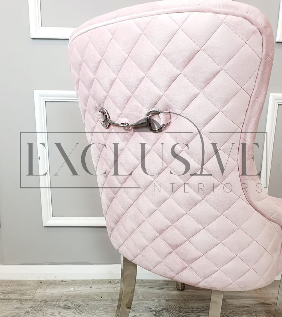 Kate Dining Chair with a quilted back detail in pink, grey or cream. Luxury dining chairs, premium chairs, fancy dining chairs, velvet chairs with chrome clasp