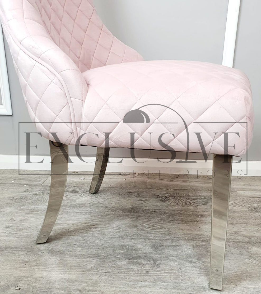 Kate Dining Chair with a quilted back detail in pink, grey or cream. Luxury dining chairs, premium chairs, fancy dining chairs, velvet chairs with chrome clasp