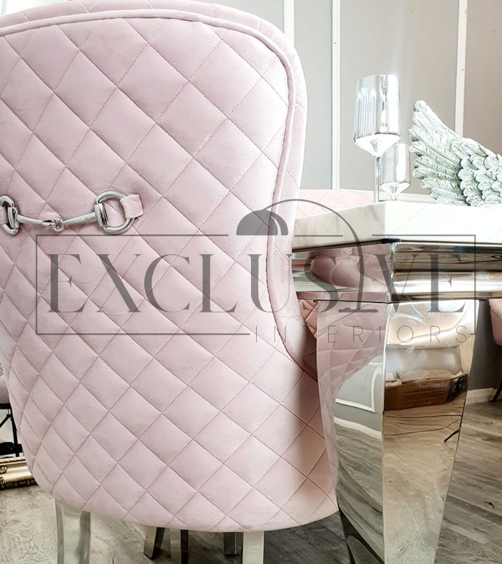 Kate Dining Chair with a quilted back detail in pink, grey or cream. Luxury dining chairs, premium chairs, fancy dining chairs, velvet chairs with chrome clasp