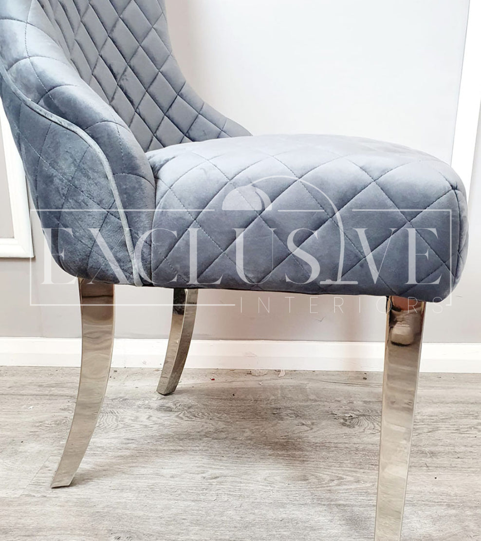 Kate Dining Chair with a quilted back detail in pink, grey or cream. Luxury dining chairs, premium chairs, fancy dining chairs, velvet chairs with chrome clasp