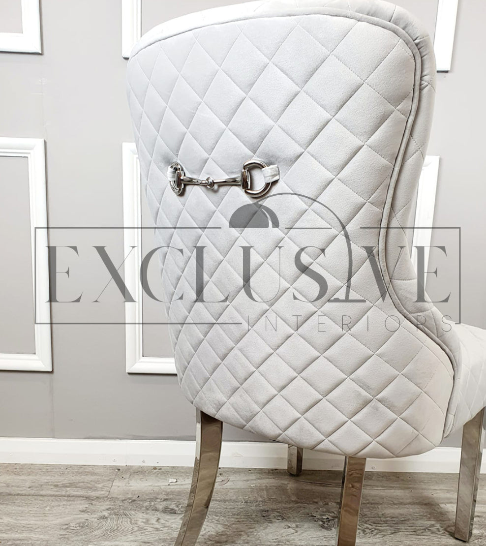 Kate Dining Chair with a quilted back detail in pink, grey or cream. Luxury dining chairs, premium chairs, fancy dining chairs, velvet chairs with chrome clasp