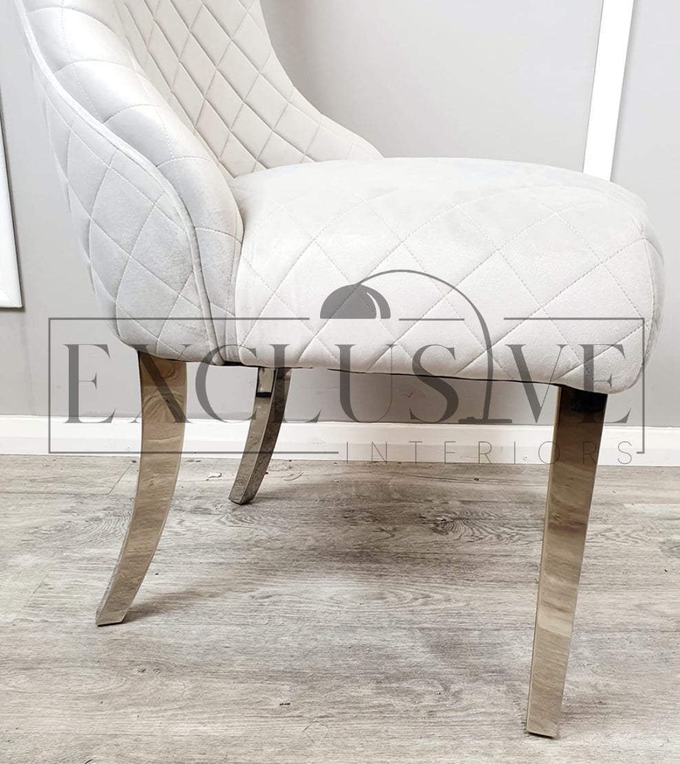 Kate Dining Chair with a quilted back detail in pink, grey or cream. Luxury dining chairs, premium chairs, fancy dining chairs, velvet chairs with chrome clasp