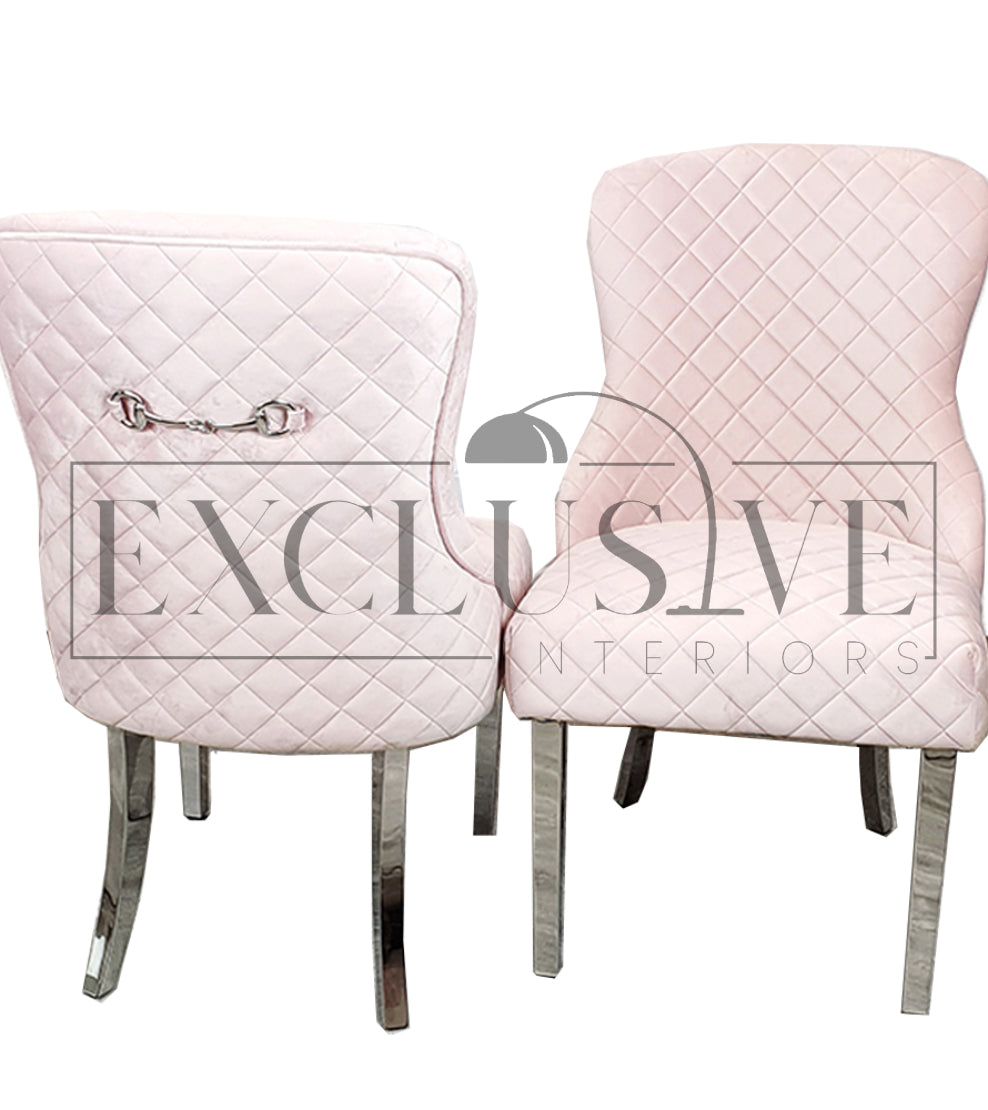 Kate Dining Chair with a quilted back detail in pink, grey or cream. Luxury dining chairs, premium chairs, fancy dining chairs, velvet chairs with chrome clasp