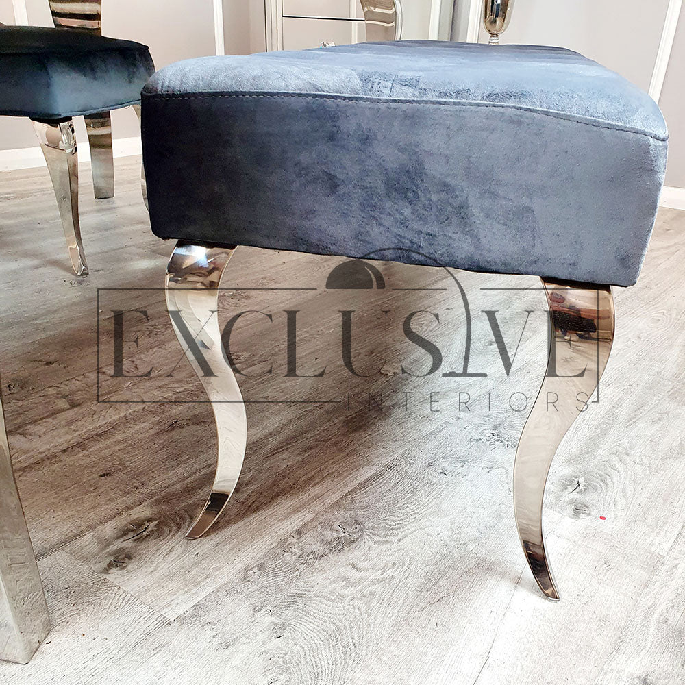 Luxury imperial Dining Bench, space saving solution, dining benches fit snug underneath the table, soft velvet texture or leather, chrome legs, luxury dining bench in grey