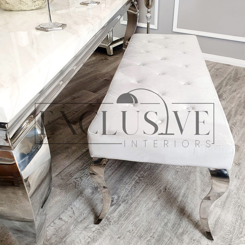 Luxury imperial Dining Bench, space saving solution, dining benches fit snug underneath the table, soft velvet texture or leather, chrome legs, luxury dining bench in cream