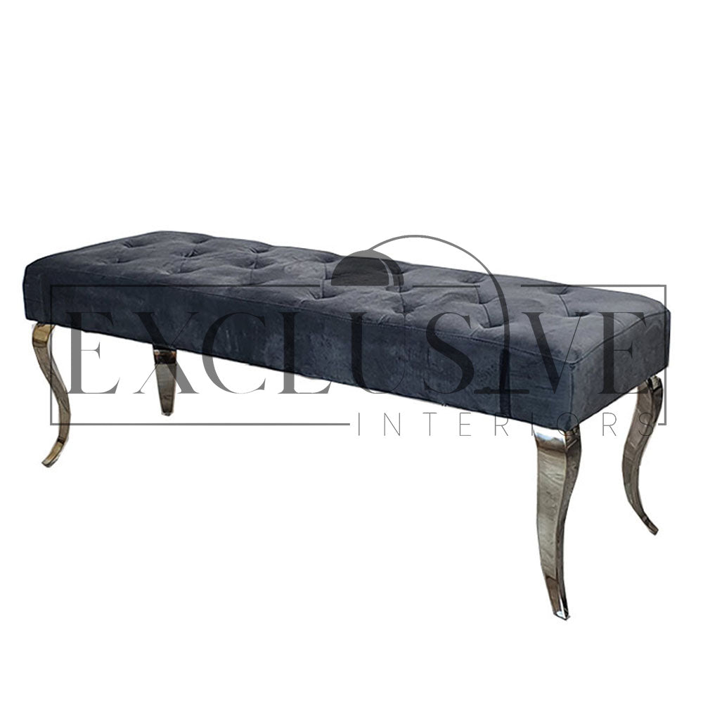 Luxury imperial Dining Bench, space saving solution, dining benches fit snug underneath the table, soft velvet texture or leather, chrome legs, luxury dining bench in grey