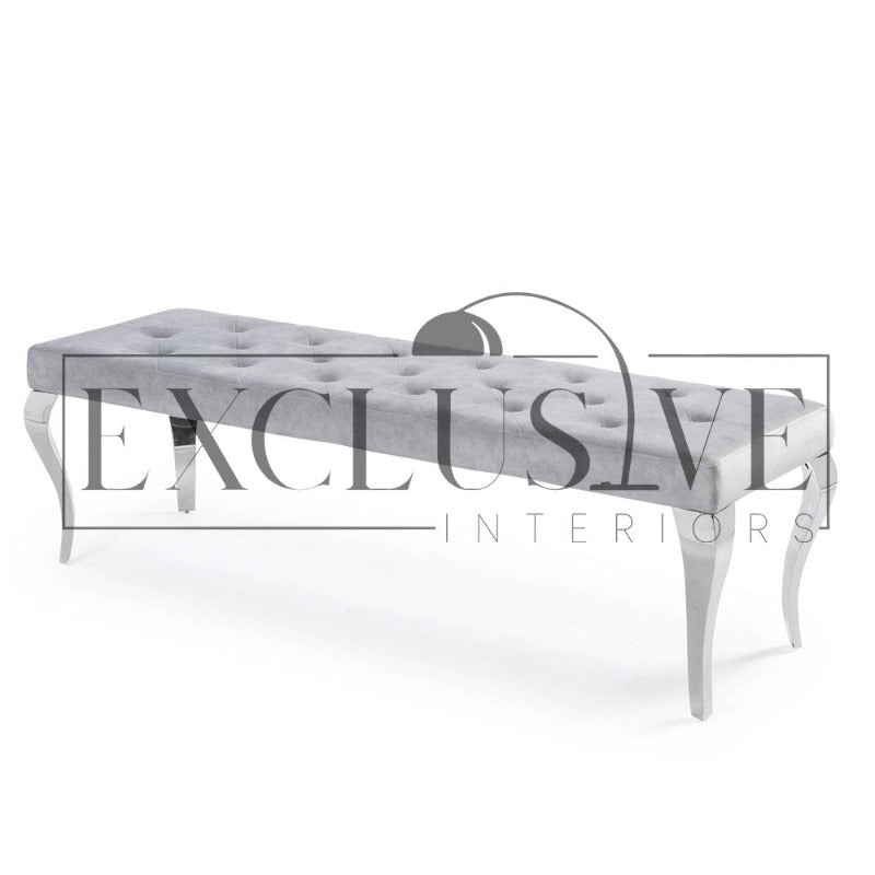 Luxury Louis Dining Bench, space saving solution, dining benches fit snug underneath the table, soft velvet texture or leather, chrome base luxury dining grey bench