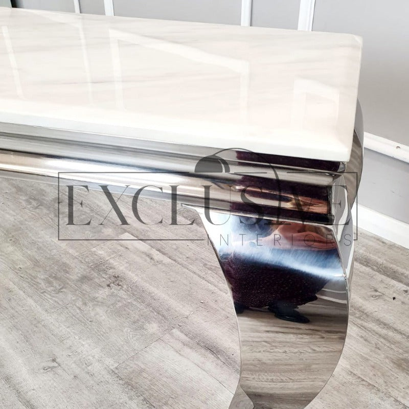 Ultra-chic glamorous marble or glass top console table with polished stainless steel legs high-end table, premium luxury, chic table home furnishings , light marble table top, exclusive home furniture contemporary design