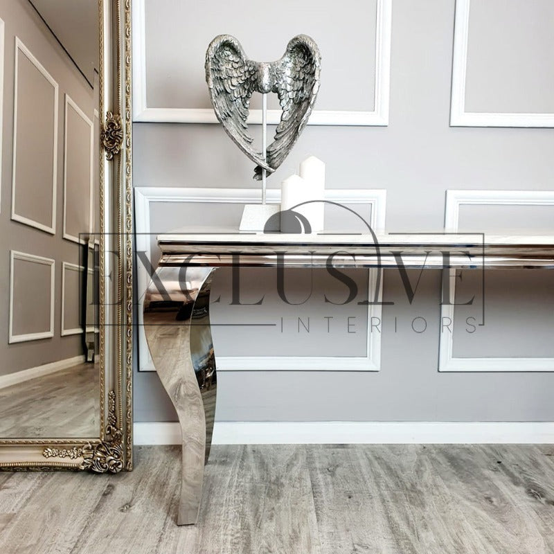 Ultra-chic glamorous marble or glass top console table with polished stainless steel legs high-end table, premium luxury, chic table home furnishings , light marble table top, exclusive home furniture contemporary design