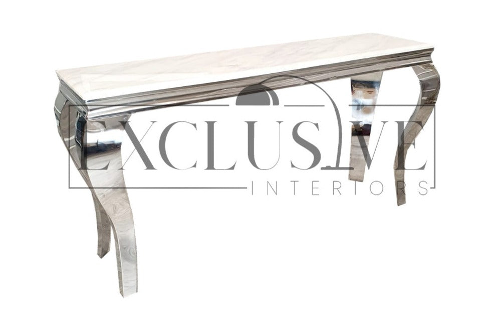 Ultra-chic glamorous marble or glass top console table with polished stainless steel legs high-end table, premium luxury, chic table home furnishings , light marble table top, exclusive home furniture contemporary design, white marble top 