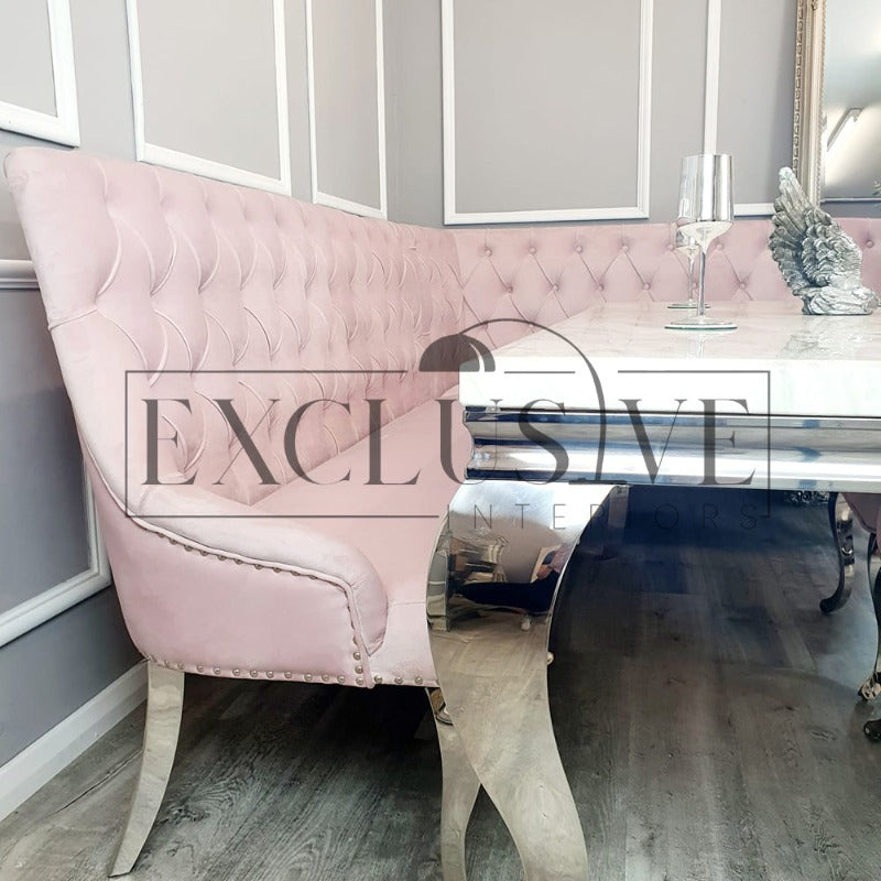 Practical Luxury Corner Dining Bench, Space saving solution, soft velvet texture chrome legs, grey pink & dark grey, button cushion. Statement dining bench 3-4 seater in pink