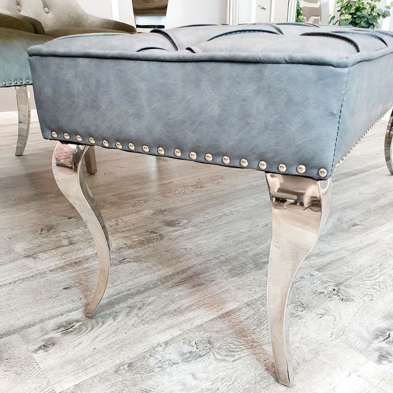 Luxury Louis Dining Bench, space saving solution, dining benches fit snug underneath the table, soft velvet texture or leather, chrome base luxury dining grey bench