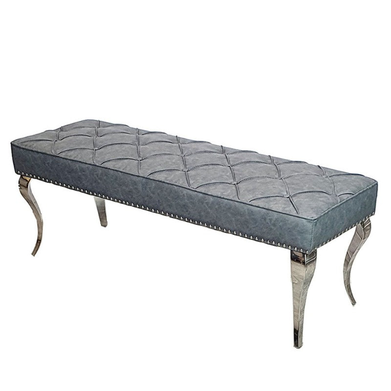 Luxury Louis Dining Bench, space saving solution, dining benches fit snug underneath the table, soft velvet texture or leather, chrome base luxury dining grey bench