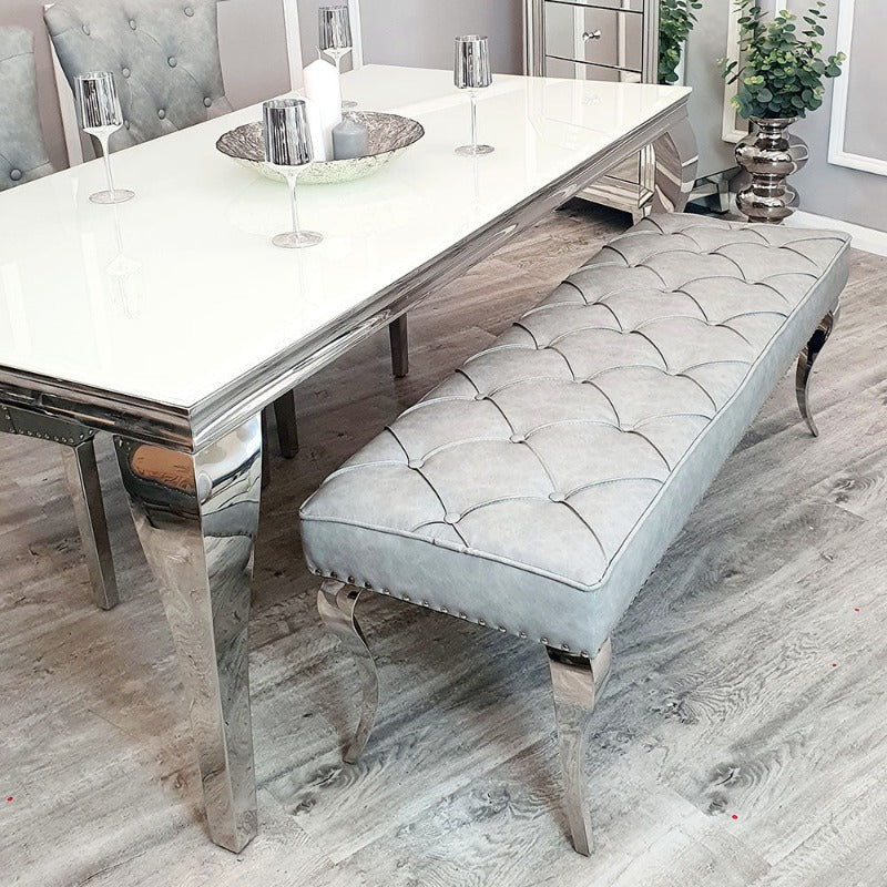 Luxury Louis Dining Bench, space saving solution, dining benches fit snug underneath the table, soft velvet texture or leather, chrome base luxury dining grey bench