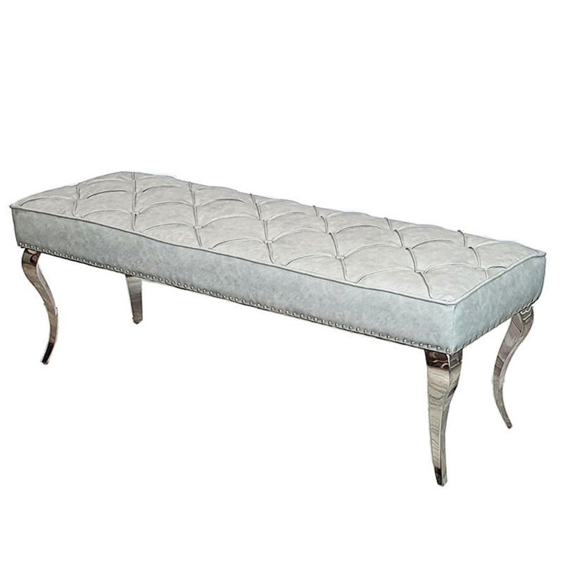 Luxury Louis Dining Bench, space saving solution, dining benches fit snug underneath the table, soft velvet texture or leather, chrome base luxury dining grey bench