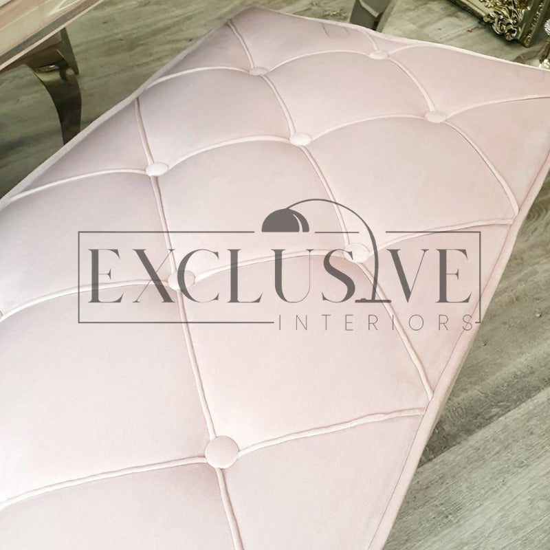 Luxury Louis Dining Bench, space saving solution, dining benches fit snug underneath the table, soft velvet texture or leather, chrome base luxury dining pink bench