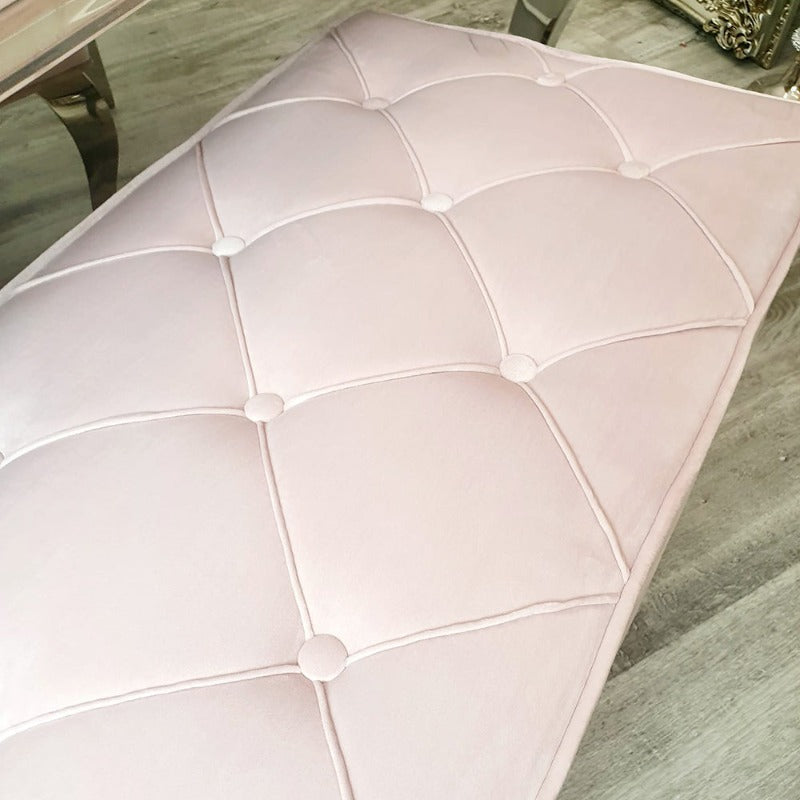 Luxury Louis Dining Bench, space saving solution, dining benches fit snug underneath the table, soft velvet texture or leather, chrome base luxury dining pink bench